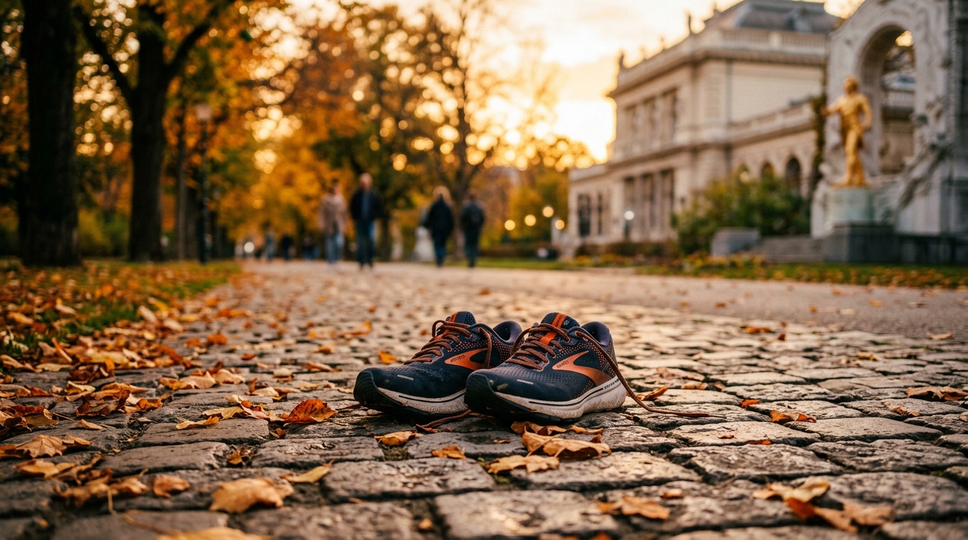 Laufschuhe auf einem herbstlichen Weg im Park