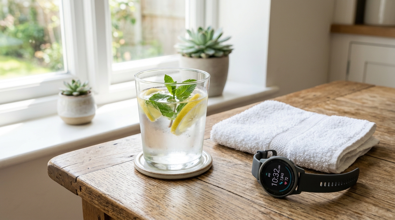 Glas Wasser mit Zitrone und Minze auf einem Holztisch